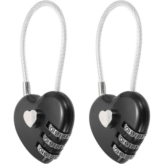 2-Pack Combination Padlock, Zinc Alloy 3 Digit Password Heart Shaped Cable Luggage Combo Lock for Suitcase/Gym Locker/Backpack, Outdoor Keyless [Black]