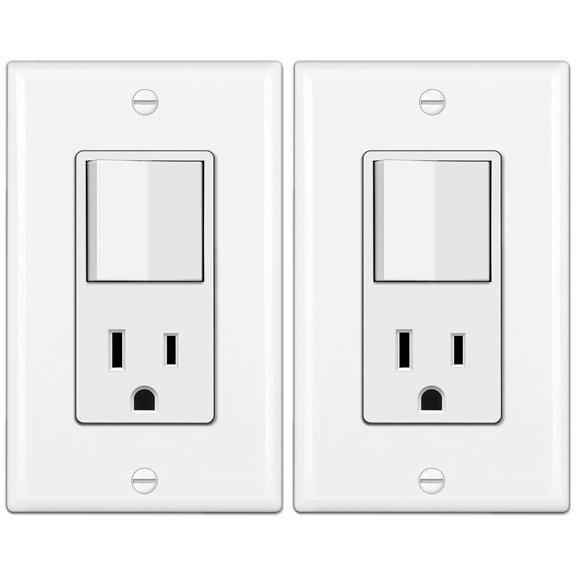 2 Pack Combination Wall Light Switch and Decor Outlet, Single Pole Rocker Switch, 15A/120V, Decorative Receptacle, 15A/125V, Combo Style, Wallplate Included, Side Wire, UL Listed, White