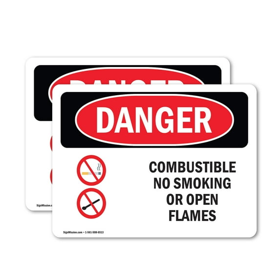(2 Pack) Combustible No Smoking Or Open Flames OSHA Danger Sign