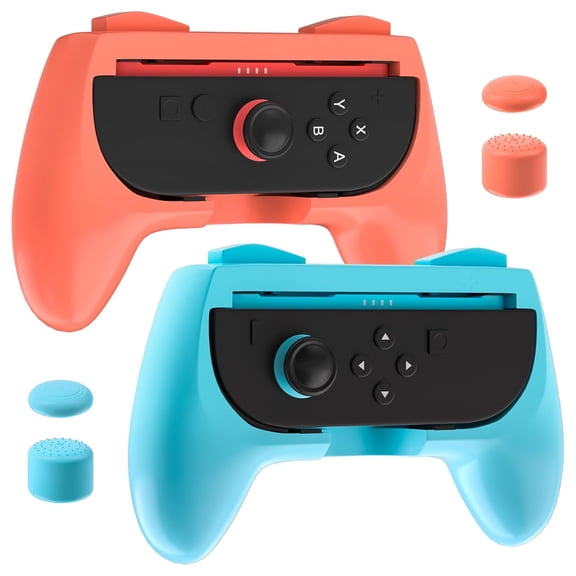 [2 Pack Comfort Hand Grips for Switch 2 Controllers, Ergonomic Grips Compatible with Switch 2 joycons, Anti Slip and Wear-Resistant, 4 Thumb Caps - Blue+Orange