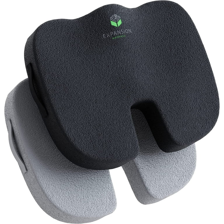 2 Pack Comfort Seat Cushion - Memory Foam Tailbone Pillow Pad for Sitting,  Office, Computer Desk Chair, Car, Travel - Contoured Posture Corrector for  Sciatica, CoccyxBack Pain Relief (Black and Grey) 