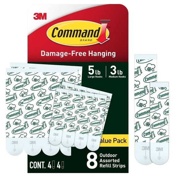 2 Pack - Command Outdoor Replacement Strips, For Wall Hooks, Bathroom, All Weather, 4 Medium, 4 Large Adhesive Strips