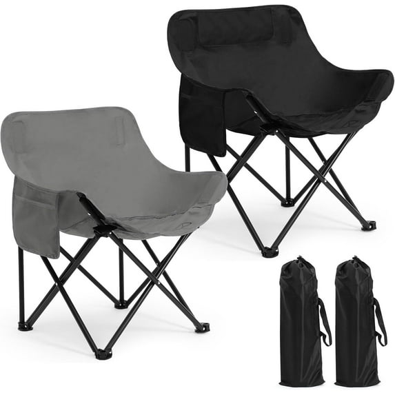 2 Pack Compact Camping Chairs Portable Folding for Outside with Carry Bag Lightweight Moon Chairs for Travel Picnic Hiking Beach Fishing, 600D Oxford, Supports 330lbs(Grey, Black)