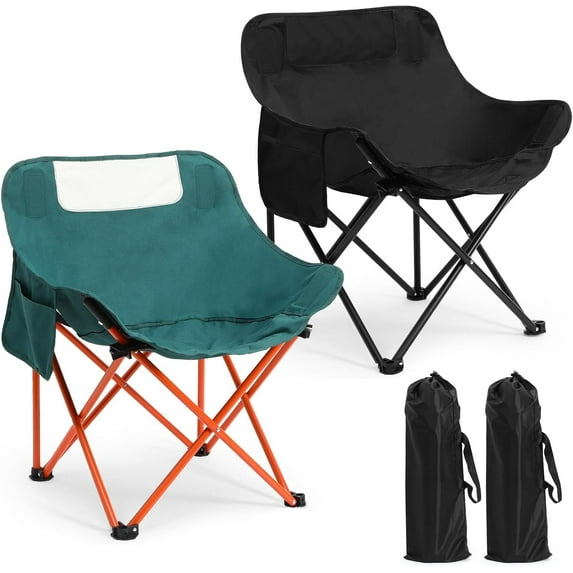2 Pack Compact Camping Chairs Portable Folding for Outside with Carry Bag Lightweight Moon Chairs for Travel Picnic Hiking Beach Fishing, 600D Oxford, Supports 330lbs(Green, Black)