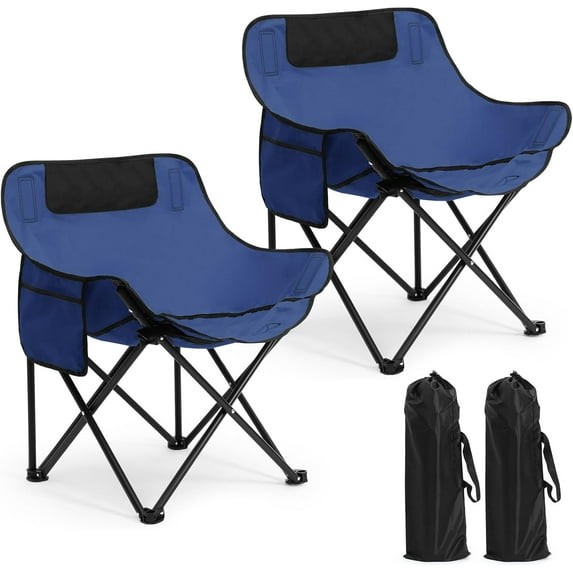 2 Pack Compact Camping Chairs Portable Folding for Outside with Carry Bag Lightweight Moon Chairs for Travel Picnic Hiking Beach Fishing, 600D Oxford, Supports 330lbs(Blue)