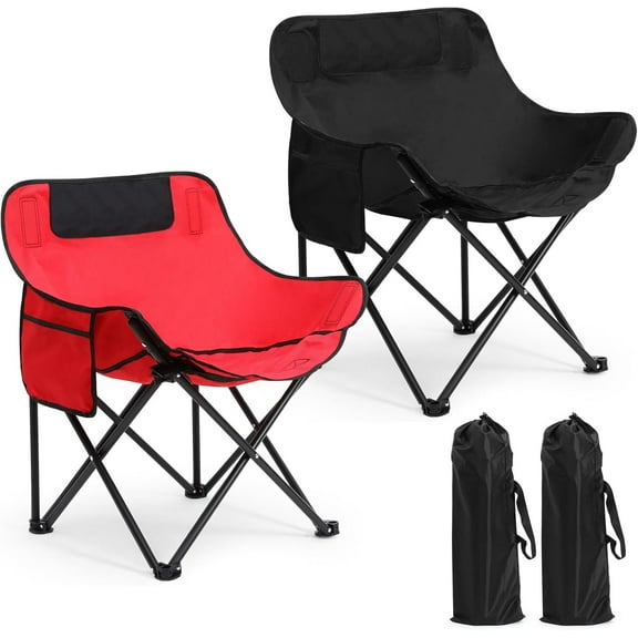 2 Pack Compact Camping Chairs Portable Folding for Outside with Carry Bag Lightweight Moon Chairs for Travel Picnic Hiking Beach Fishing, 600D Oxford, Supports 330lbs(Red, Black)