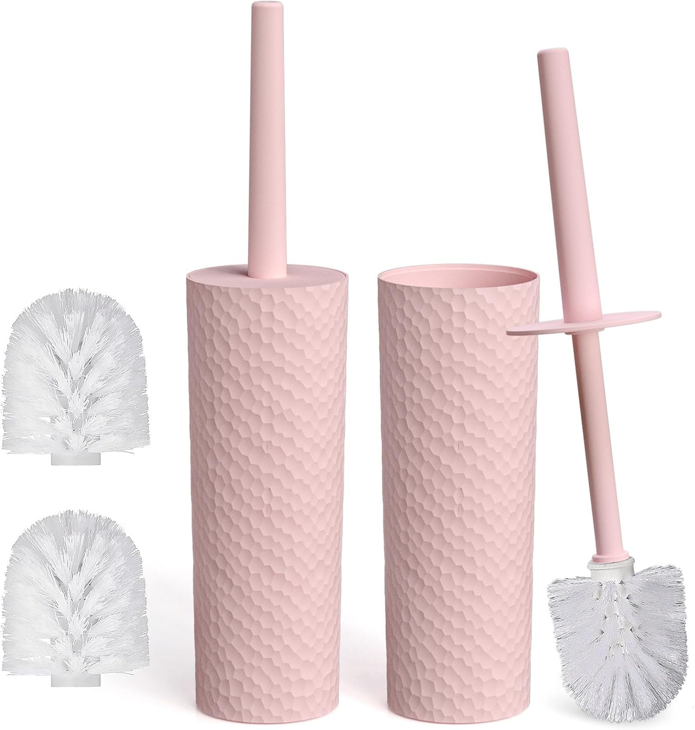 2 Pack Compact Toilet Brush & Holder Set Plastic Round Barrel Loo with Replacement Head Durable for Bathroom Toilet Pink
