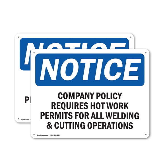 (2 Pack) Company Policy Requires Hot Work Permits OSHA Notice Sign 10 Inch X 7 Inch Indoor / Outdoor Rust-Free Aluminum Metal Signs for Workplace, Workshop, and Construction Site, Made