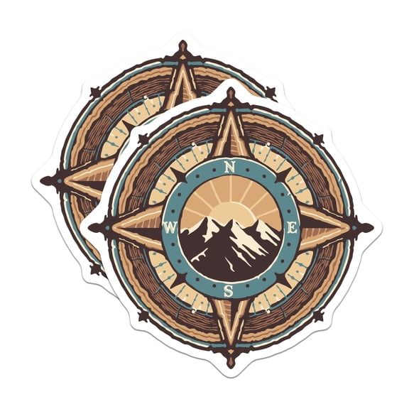 (2 Pack) Compass Rose Stickers - Mountain Adventure Explorer - Vintage Outdoor Travel Navigation Decals for Wanderers - 5" On Longest Side - Sticks to Smooth Flat Surfaces - Made in USA - BMCS22292