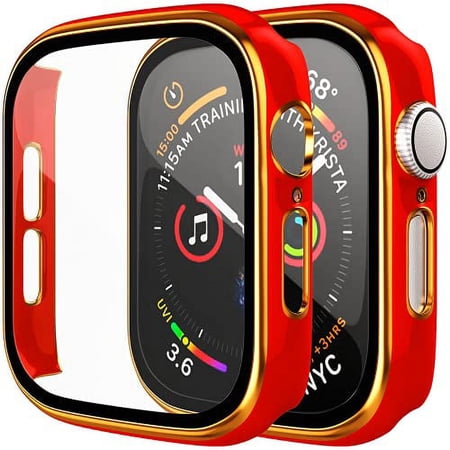 [2 Pack] Compatible with Apple Watch 38mm Case, Full Coverage Bumper Protective Case with Tempered Glass Screen Protector for Men Women iWatch Series 3/2/1, Gold, Red