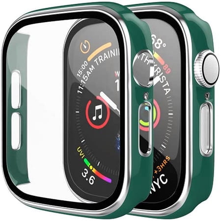 [2 Pack] Compatible with Apple Watch 38mm Case, Full Coverage Bumper Protective Case with Tempered Glass Screen Protector for Men Women iWatch Series 3/2/1, Silver, Green