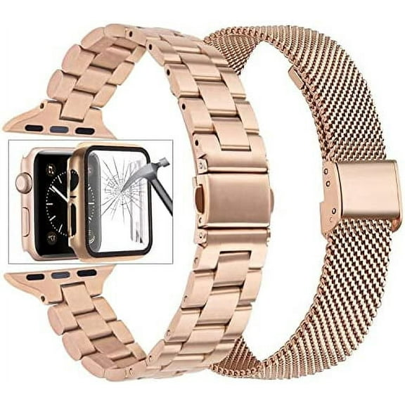 2 Pack Compatible with Apple Watch Bands 41mm 40mm 38mm iWatch SE Series 8/7/6/5/4/3/1 Bracelets for Women, CAGOS Thin Metal Stainless Steel iPhone Watch Band Mesh Loop with Screen Protector