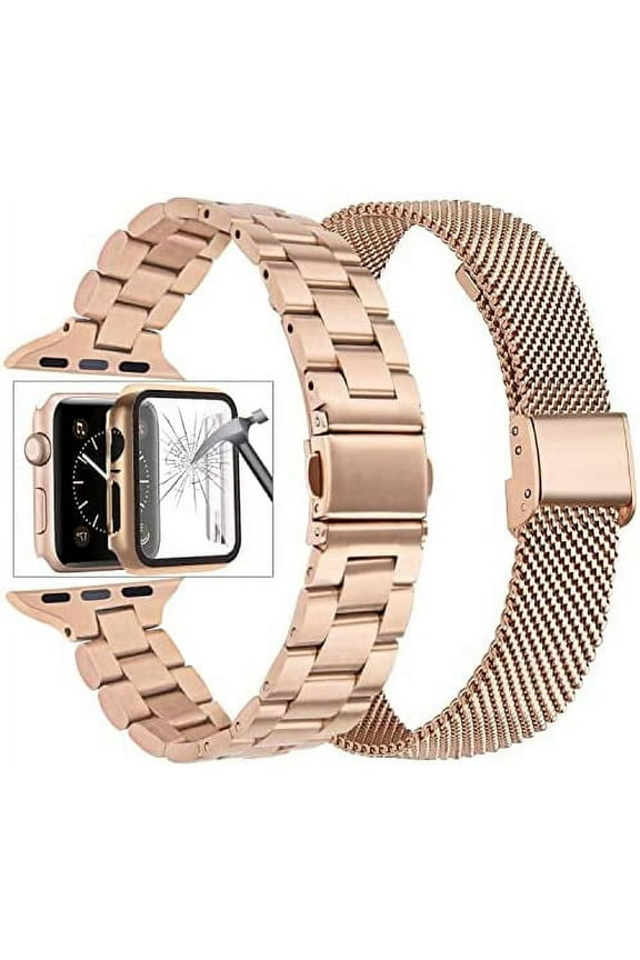 2 Pack Compatible with Apple Watch Bands 41mm 40mm 38mm iWatch SE Series 8/7/6/5/4/3/1 Bracelets for Women, CAGOS Thin Metal Stainless Steel iPhone Watch Band Mesh Loop with Screen Protector