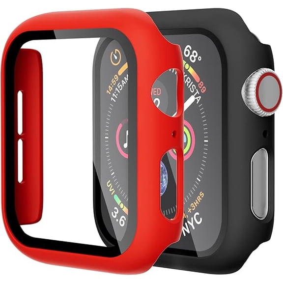 (2 Pack) Compatible with Apple Watch Case 41mm, Built-in Tempered Glass Screen Protector, Ultra-Thin Bumper Case Compatible for iWatch Series 7, Black/Red