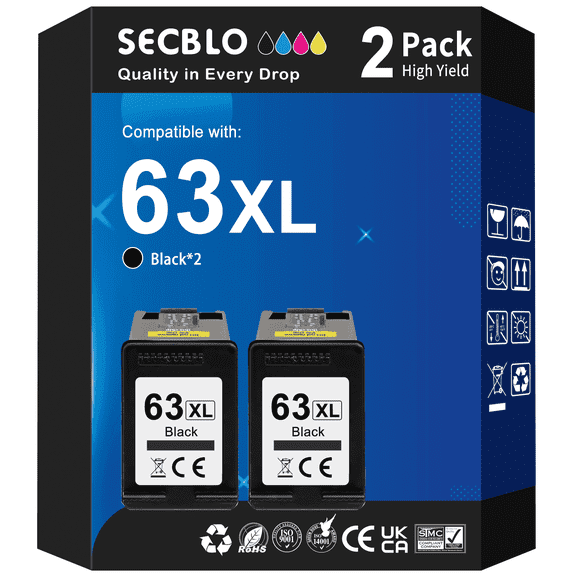 63XL Black Ink Cartridge Compatible for HP Black Ink 63 (2 Black)