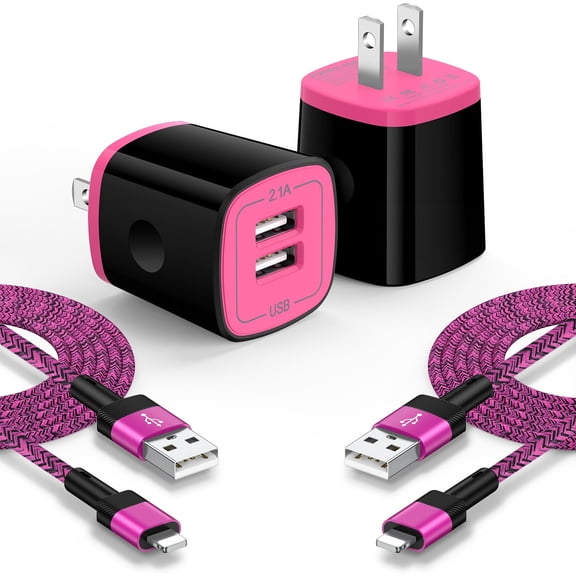 2 Pack Compatible with iPhone Charger with USB A to Lightn-ing Cable 10FT, Dual Port Charger Block Phone Charger with Fast Charging Cord, USB Wall Charger Compatible for iPhone14/13/12/11, Pink