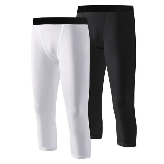 2 Pack Compression Pants for Youth Boys Athletic Training 3/4 Capris Tights Pants Kids Basketball Football Base Layer,White