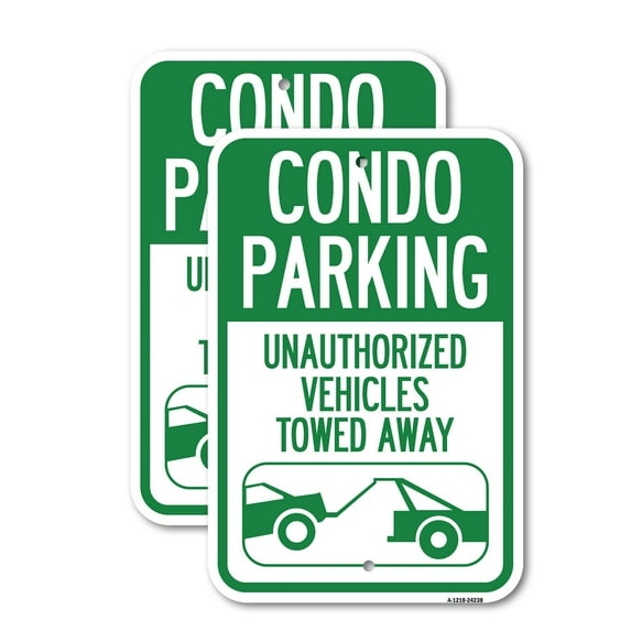 (2 Pack) Condo Parking - Unauthorized Vehicles Towed Away (With Car Tow Graphic) | 18" X 24" Heavy-Gauge Aluminum Sign | Rust Free Aluminum, Weather Resistant, Waterproof, Fade