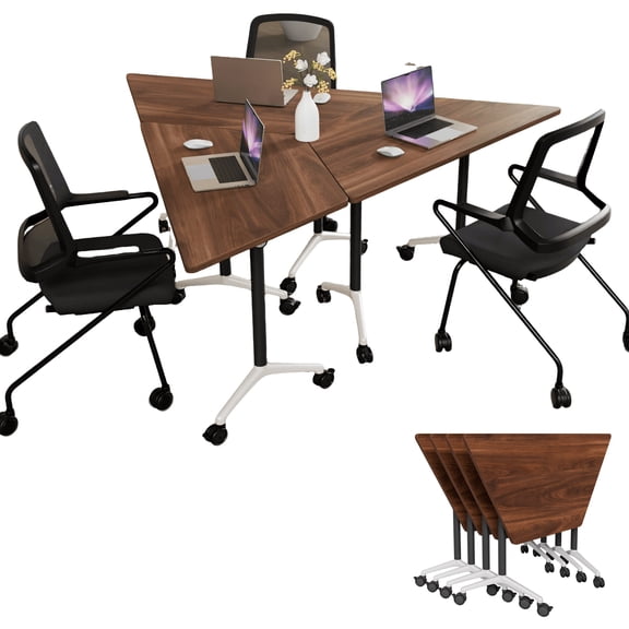 2 Pack Conference Table, Walnut Trapezoid 47.2 Inch, Rolling Flip Top Table for Office & Training Room