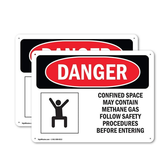 (2 Pack) Confined Space May Contain Methane Gas OSHA Danger Sign 10 Inch X 7 Inch Indoor / Outdoor Rust-Free Aluminum Metal Signs for Workplace, Workshop, and Construction Site, Made in