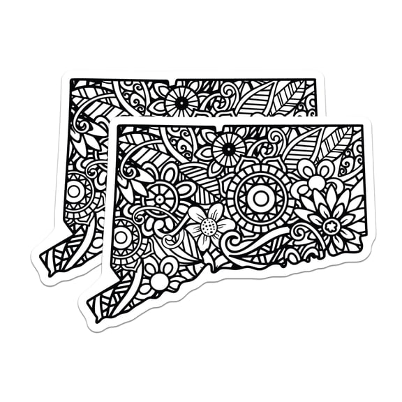 (2 Pack) Connecticut Outline Stickers - Floral Zentangle Design - State Pride Decal - 5" On Longest Side - Sticks to Smooth Flat Surfaces - Made in USA - BMCS18331