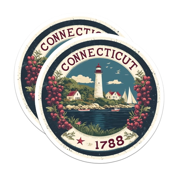 (2 Pack) Connecticut Stickers - CT State Lighthouse - Vintage Travel Souvenir - 5" On Longest Side - Sticks to Smooth Flat Surfaces - Made in USA - BMCS15259