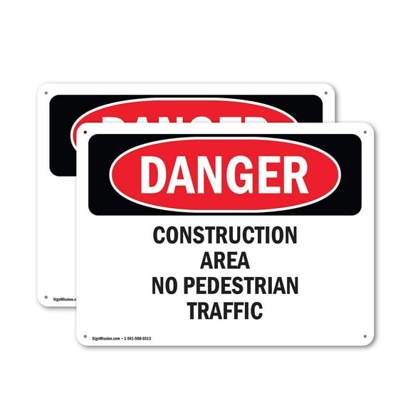 (2 Pack) Construction Area No Pedestrian Traffic OSHA Danger Sign 18 Inch X 12 Inch Plastic Sign, Weather Resistant, UV Protected for Workplace, Business, and Construction Site, Made in
