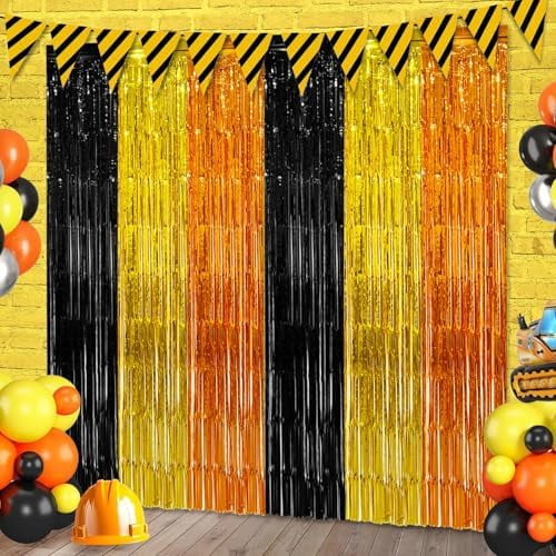 2 Pack Construction Foil Fringe Curtains Backdrop Birthday Party Decorations Supplies, 3.28 x 6.56 Ft Yellow Orange Black Tinsel Streamer Photo Booth Props for Truck Party Decor Favors