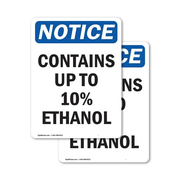 (2 Pack) Contains Up To 10% Ethanol OSHA Notice Sign 5 Inch X 3.5 Inch Vinyl Label Decal Sticker Weather Resistant, UV Protected for Workplace, Business, and Construction Site, Made in