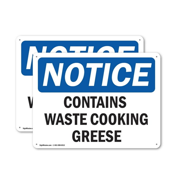 (2 Pack) Contains Waste Cooking Grease OSHA Notice Sign 18 Inch X 12 Inch Indoor / Outdoor Rust-Free Aluminum Metal Signs for Workplace, Workshop, and Construction Site, Made in the USA