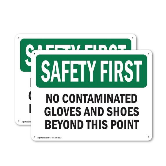(2 Pack) No Contaminated Gloves And Shoes Beyond This Point OSHA Safety First Sign 14 Inch X 10 Inch Indoor / Outdoor Rust-Free Aluminum Metal Signs for Workplace, Workshop, and