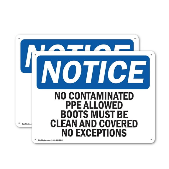 (2 Pack) No Contaminated PPE Allowed Boots Must Be OSHA Notice Sign 14 Inch X 10 Inch Indoor / Outdoor Rust-Free Aluminum Metal Signs for Workplace, Workshop, and Construction Site,