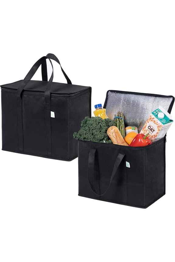 2 Pack Cooler Bags - Insulated for Food Delivery, Collapsible and Reusable Shopping Bags with Zipper, Foldable, Heavy-Duty, Stands Upright - Ideal for Groceries (Black, 2 Pack)