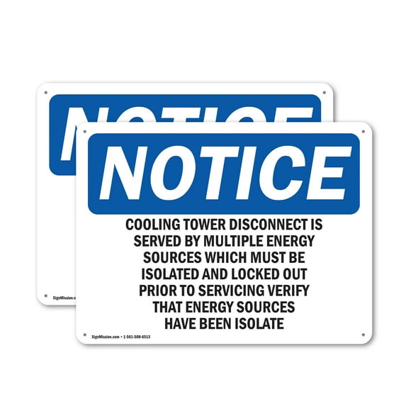 (2 Pack) Cooling Tower Disconnect Is Served By Multiple OSHA Notice Sign 10 Inch X 7 Inch Indoor / Outdoor Rust-Free Aluminum Metal Signs for Workplace, Workshop, and Construction Site