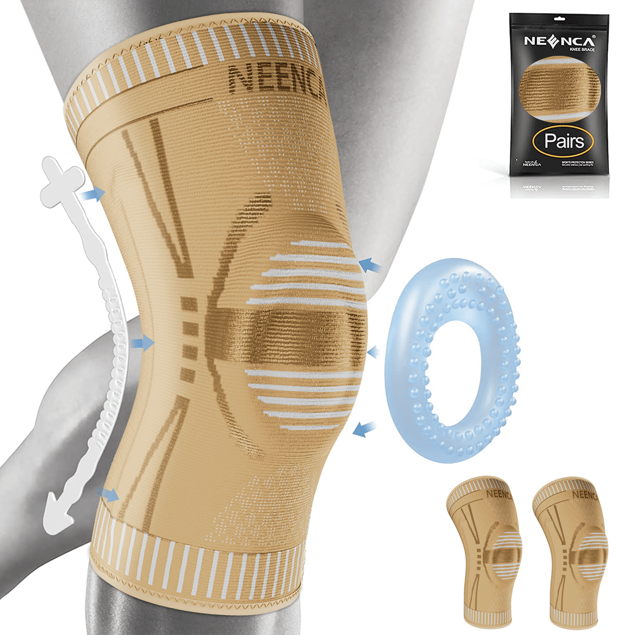 2-Pack Copper Knee Braces, Neenca Knee Pads, Medical Knee Support,  Gold(2XL) 
