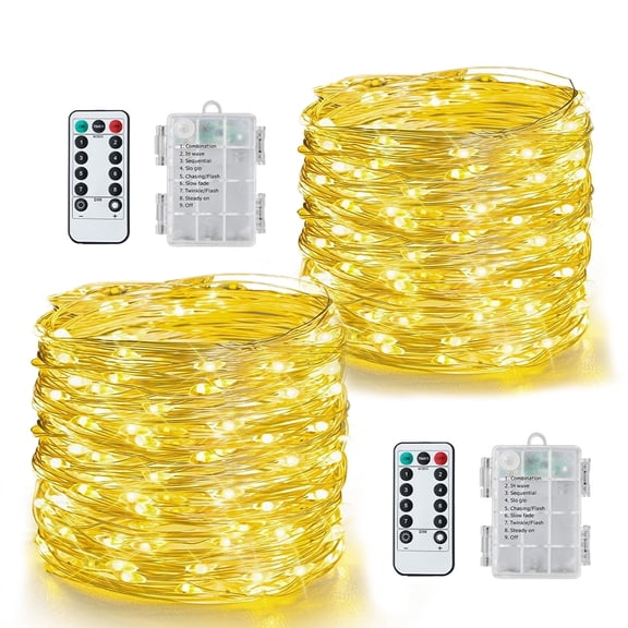 2PCS Fairy Lights Battery Operated with Remote, 12M/4.72ft 120LED Copper Wire String Lights, Waterproof Twinkle Lights Indoor Outdoor 8 Modes for Bedroom Patio Christmas Decorations(Warm White）
