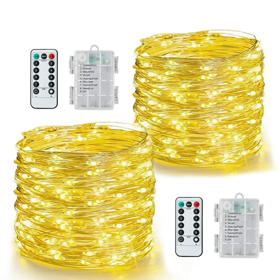 2PCS Fairy Lights Battery Operated with Remote, 12M/4.72ft 120LED Copper Wire String Lights, Waterproof Twinkle Lights Indoor Outdoor 8 Modes for Bedroom Patio Christmas Decorations(Warm White)