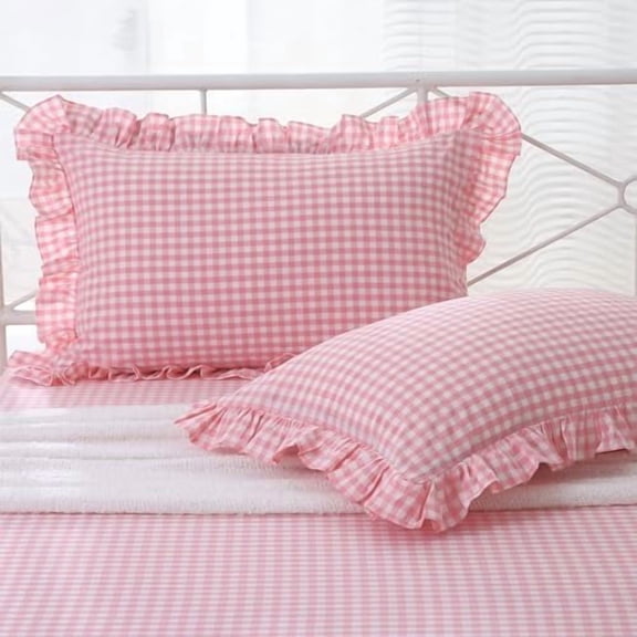 2 Pack Coral Pink Plaid Ruffle Gingham King Size Pillow Shams, 100% Washed Cotton Checkered Cottage Coquette Girls Pillow Covers for Bed/Sofa - 20"x36"
