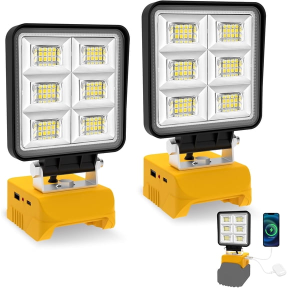 2-Pack Cordless LED Work Light Compatible with De*walt 18V/20V Battery Wide Beam 48W Spotlight with Low Voltage Protection & USB-C Charging for Jobsite Emergency Workshop Garage (No Battery)