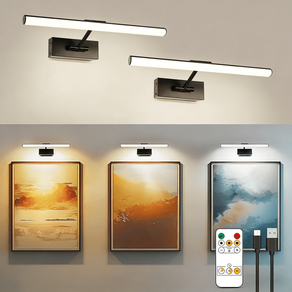 2 Pack Cordless Picture Light, Battery Powered 16" Picture Light, Rechargeable Wall Light whit Remote for Wall Decoration, Art Display, Galleries, Portrait
