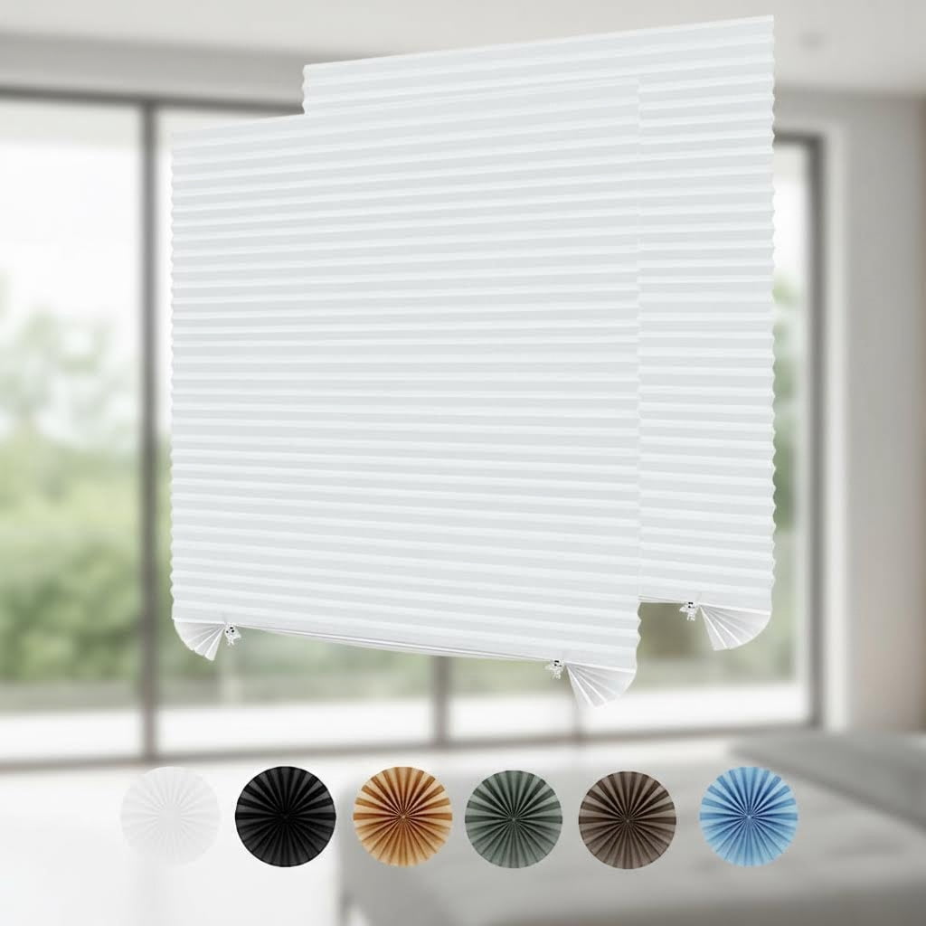 2-Pack Cordless Self-Adhesive Pleated Window Shades, Blackout Paper Blinds for Doors & Windows, No Drill Easy Install Non-Woven Fabric Coverings for Home Office, Trimmable to Size