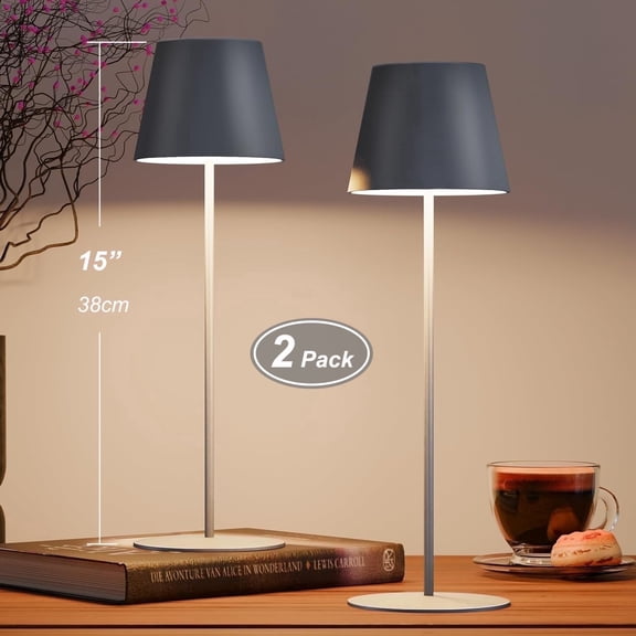 Postlucky 2 Pack 15" Cordless Table Lamp with LED, Touch Control, Dimmer, Plastic Shade, Metal Base, Matte Gray