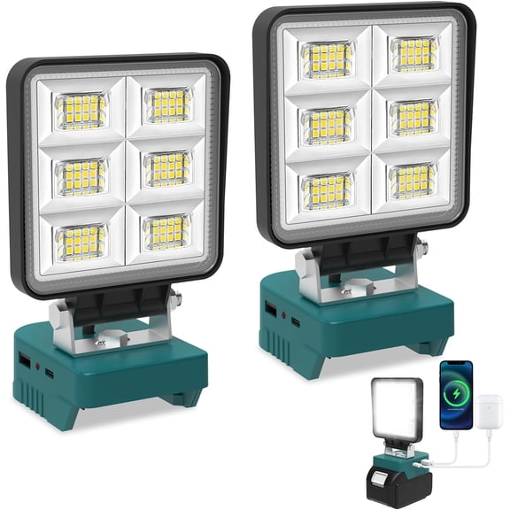 2 Pack Cordless Work Light Compatible with Ma-Kita 18V/20V Battery 48W 5200LM Spotlight LED Wide Beam with Low Voltage Protection & USB-C for Emergency Workshop Jobsite Garage (No Battery)