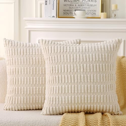 2 Pack Corduroy Decorative Throw Pillow with Inserts, 18x18 Inch Soft Boho Throw Pillow, Square Striped Throw Pillows for Couch, Bed, Sofa Decor(Beige)