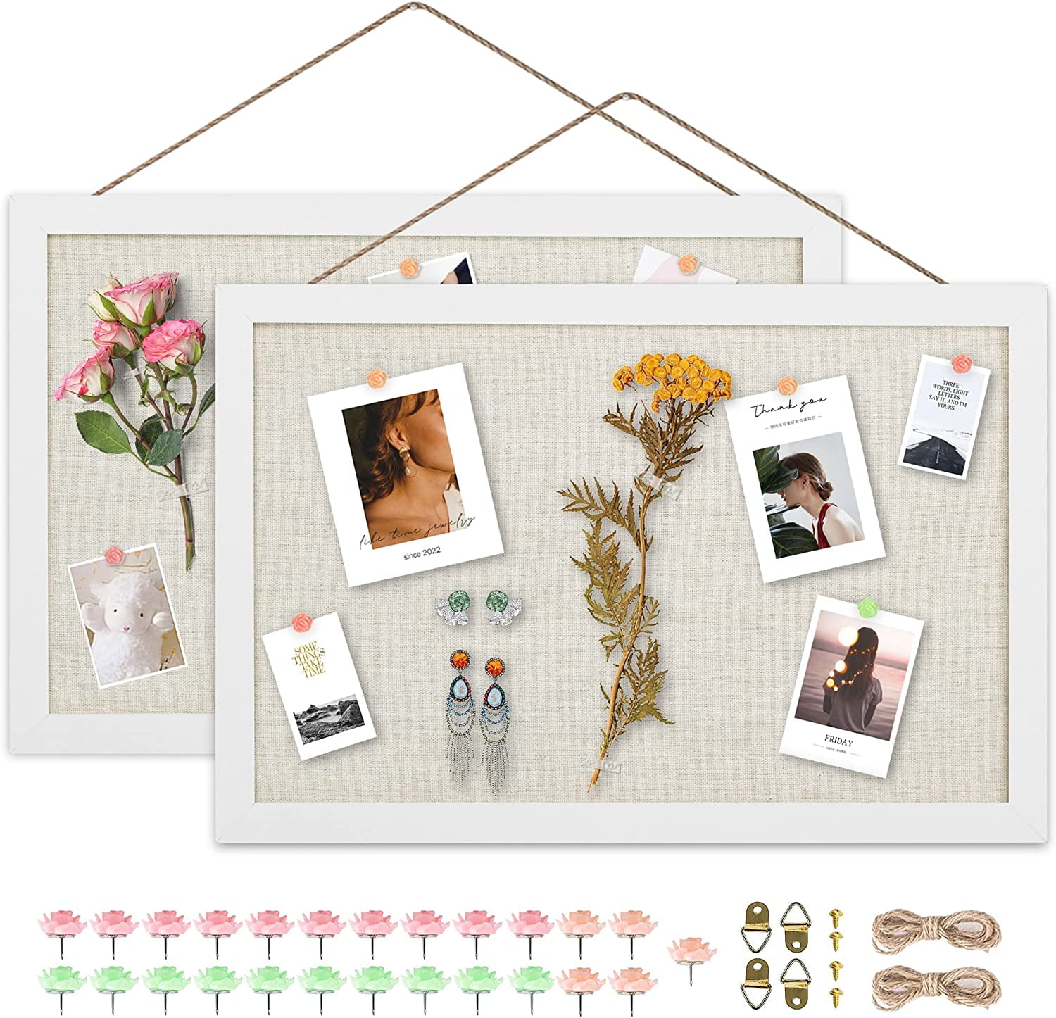 2-Pack Cork Board Bulletin Board 16x11 inch, Small Framed Corkboard with Linen for Wall, Hanging Pin Board Picture Board for Home Office Decor, Cute Vision Board with 25 Pushpins (Vintage White)