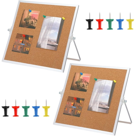 2 Pack Cork Board Bulletin Board, Double Sided Pin Board with Silver Aluminum Border, Desktop Small Cork Board with Stand Suitable for Home, Office, Desk Message Board or Picture Board 9.8"9.8"