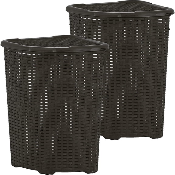 2-Pack Corner Laundry Hamper w/Lid, 50L Triangle Brown Wicker Design Basket for Laundry Room, Bedroom, Bathroom, Cut-out Handles