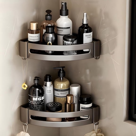 2 Pack Corner Shower Caddy with Hooks,No Drilling Aluminium Shower Organizer for Bathroom&Kitchen,Secure with Nail-free Glue,Rustproof Shower Rack Basket,Storage Accessories (Silver)