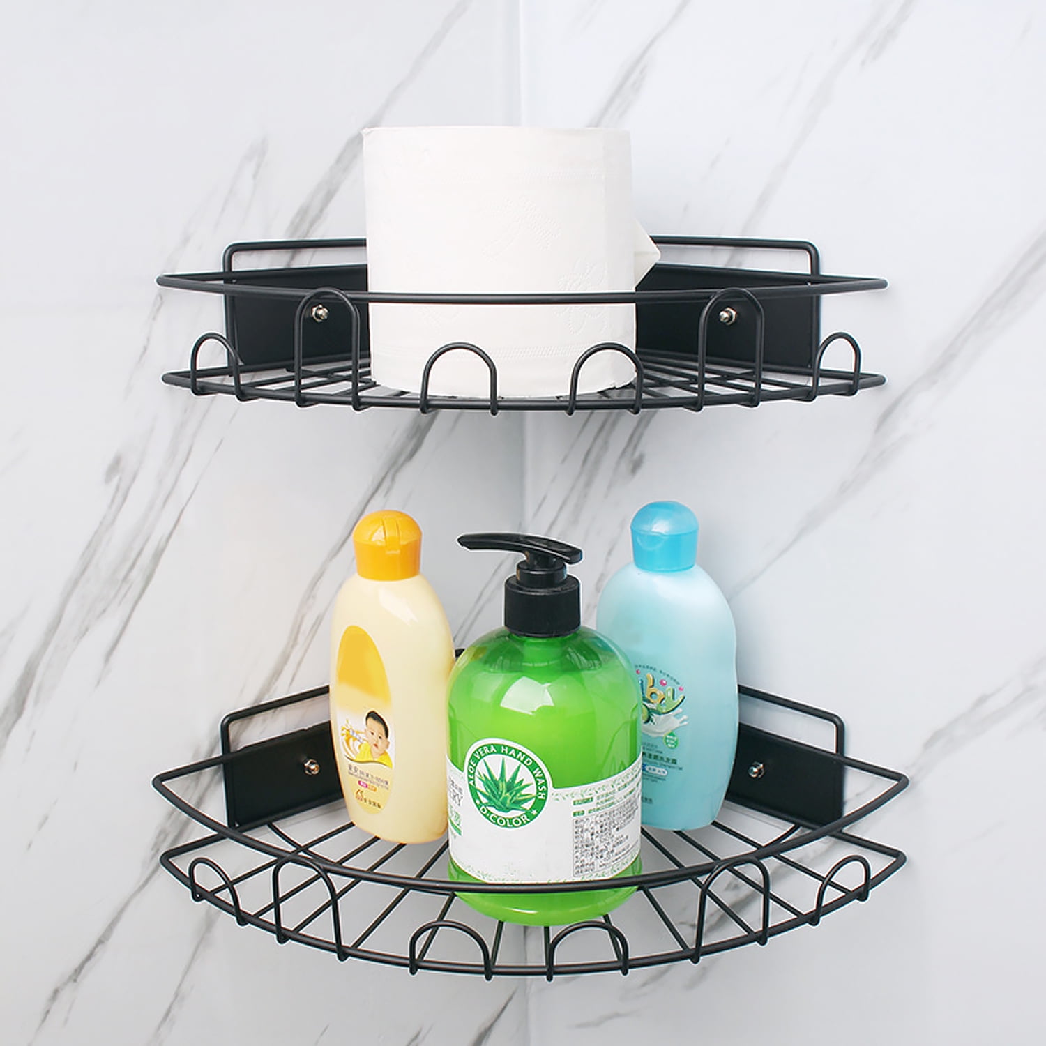 Black Metal Corner Shower Caddy with Adhesive Mount
