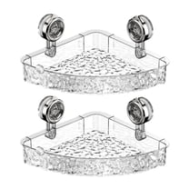 2 Pack Corner Shower Caddy Suction Cup, Wall Mounted Suction Shower Rack Organizer, No Drilling Shower Shelf, Clear Basket with 4 Movable Hooks, Bathroom Storage Rack